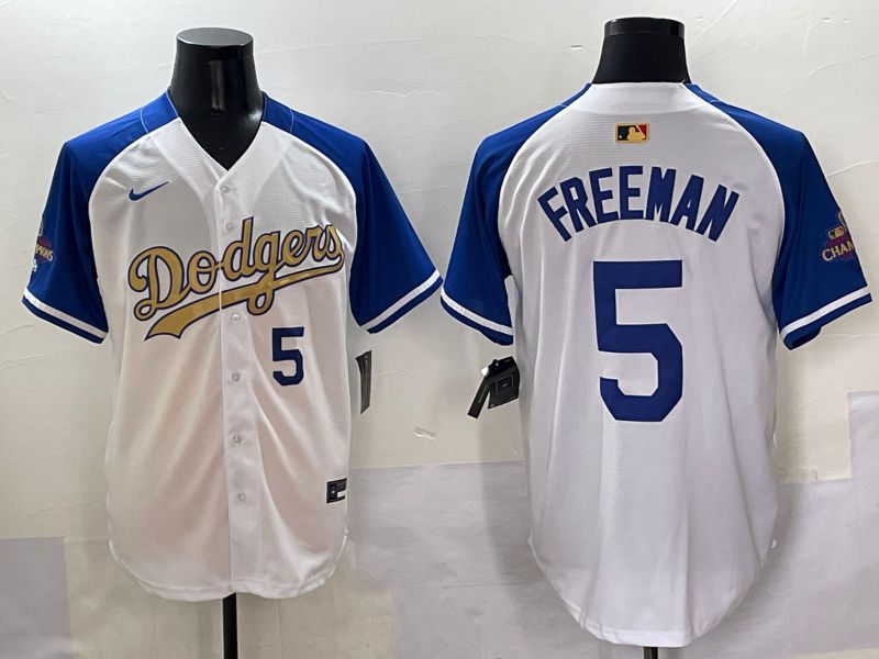 Men Los Angeles Dodgers #5 Freeman White Blue Champion gold character Nike 2025 MLB Jersey style 5051
